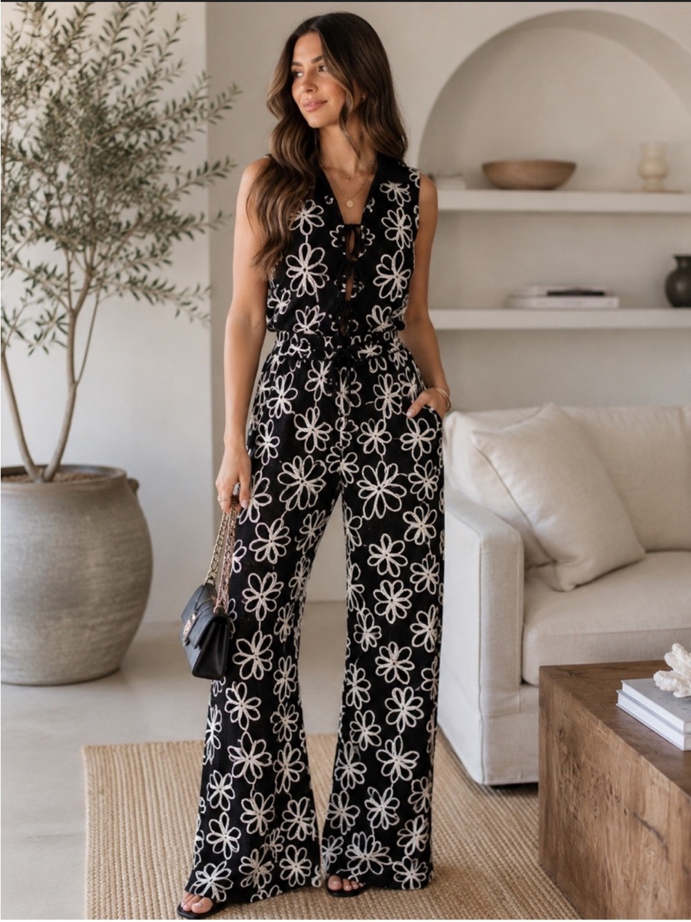 Sleeveless Black Floral Wide-Leg
Vest and Pant Set